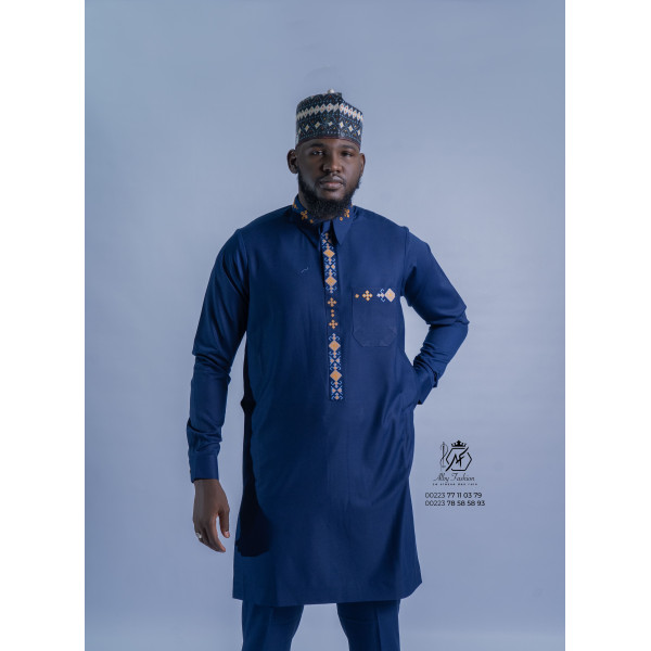 Tissu traditionnel homme bleu royal brodé – Élégance et distinction